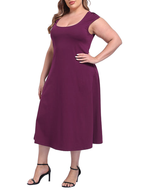 Women's Plus Size Midi Summer Dress Fit and Flare Cap Sleeve Sundresses