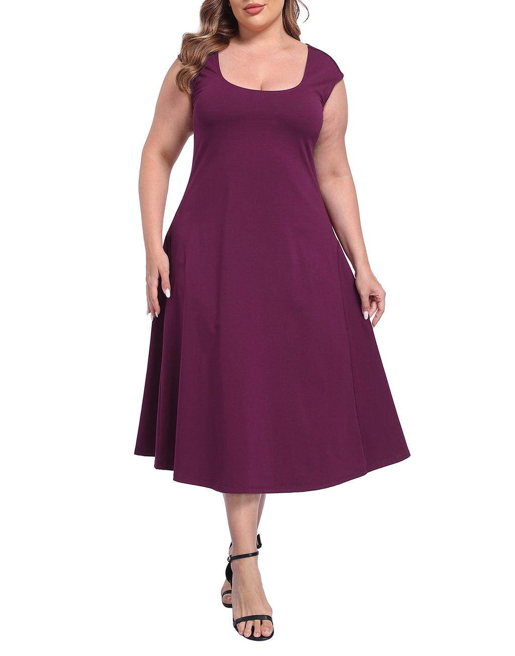 Women's Plus Size Midi Summer Dress Fit and Flare Cap Sleeve Sundresses