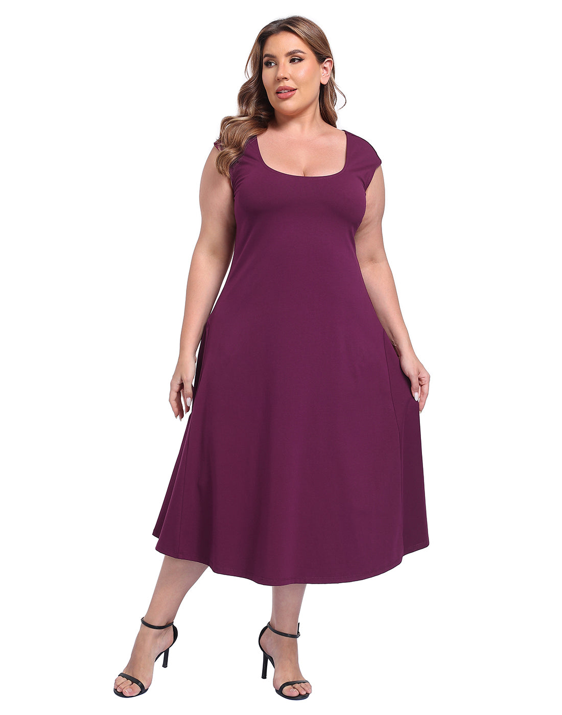 Women's Plus Size Midi Summer Dress Fit and Flare Cap Sleeve Sundresses