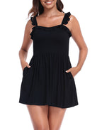 Women's Ruffle Strap Smocked Romper Dress with Built in Quick Slip Shorts and Pockets