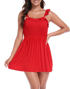Women's Ruffle Strap Smocked Romper Dress with Built in Quick Slip Shorts and Pockets