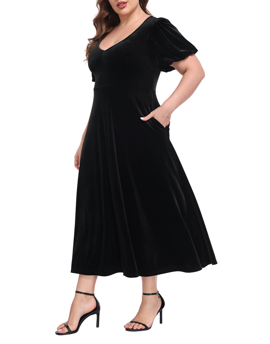 Women's Plus Size Velvet Midi Dress with Pockets - Black - PT03