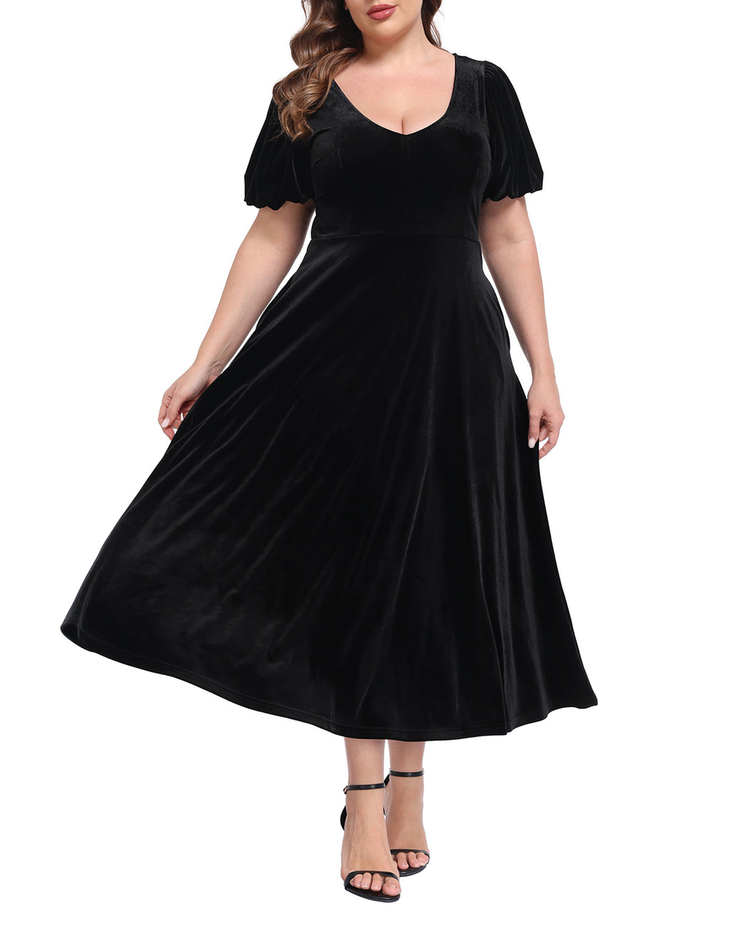 Women's Plus Size Velvet Midi Dress with Pockets - Black - PT05