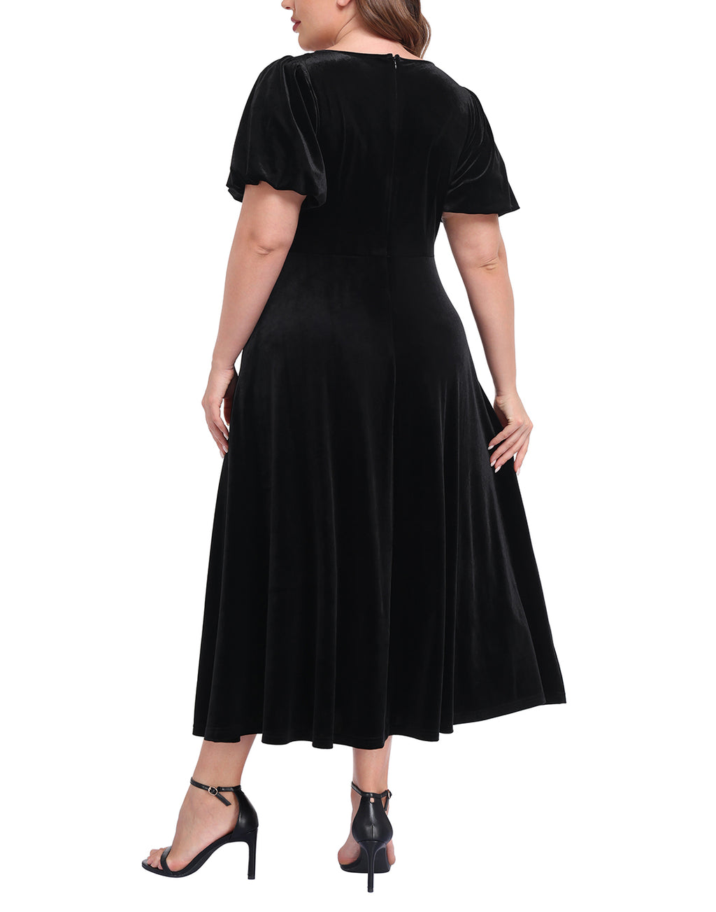 Women's Plus Size Velvet Midi Dress with Pockets - Black - PT04