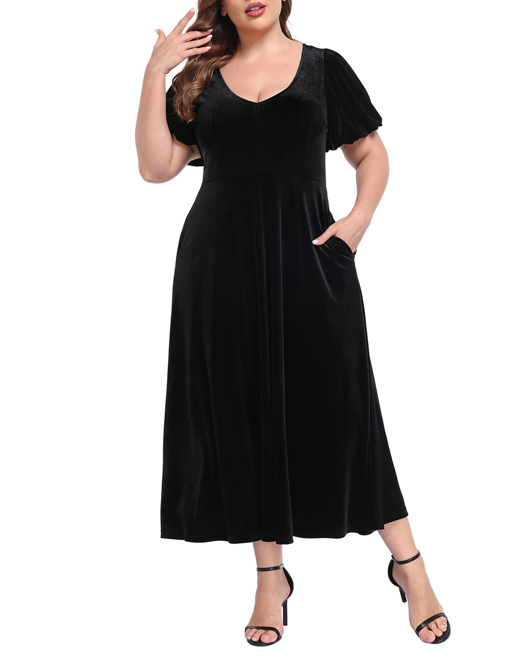 Women's Plus Size Velvet Midi Dress with Pockets - Black - MAIN