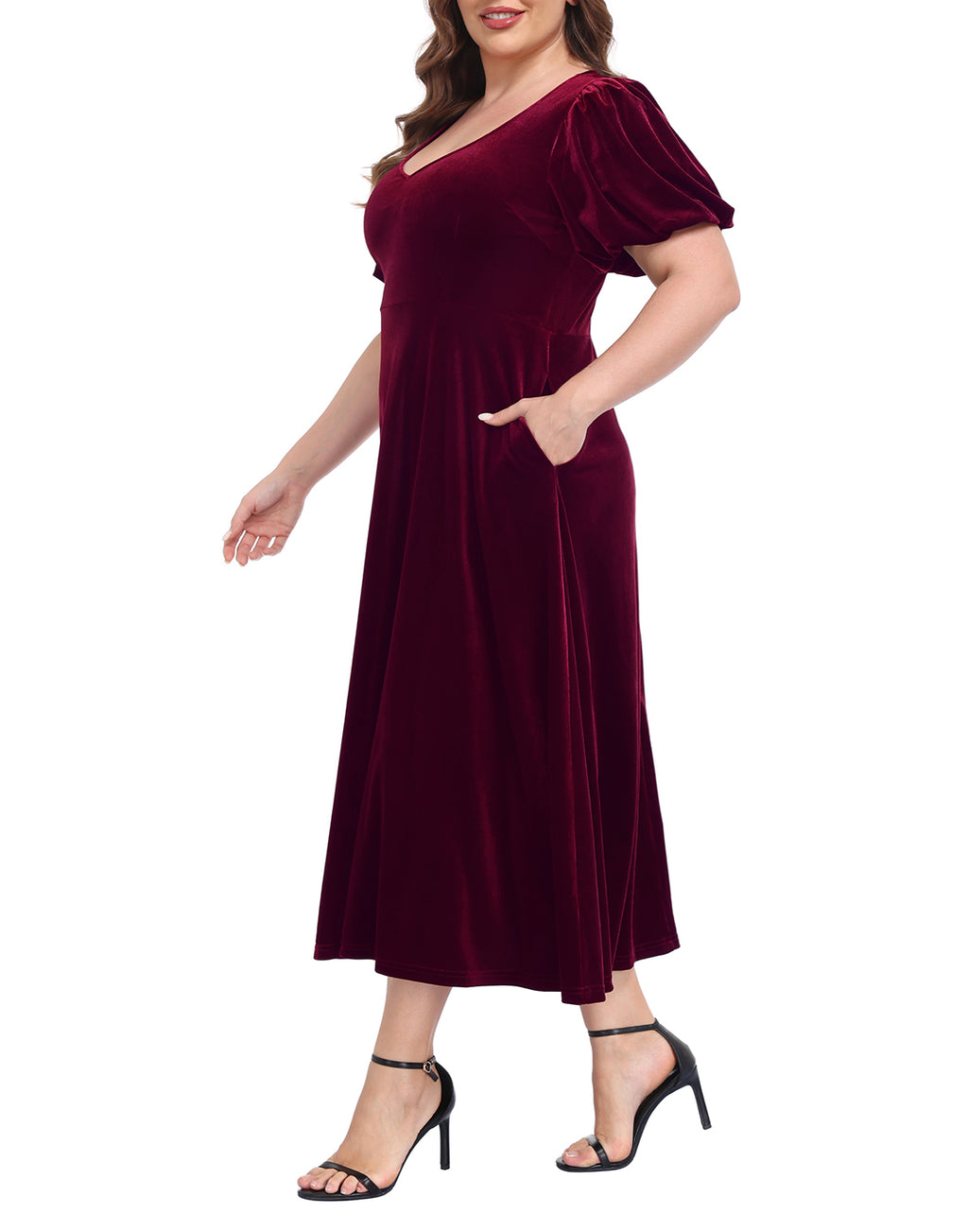 Women's Plus Size Velvet Midi Dress with Pockets - Burgundy - PT09
