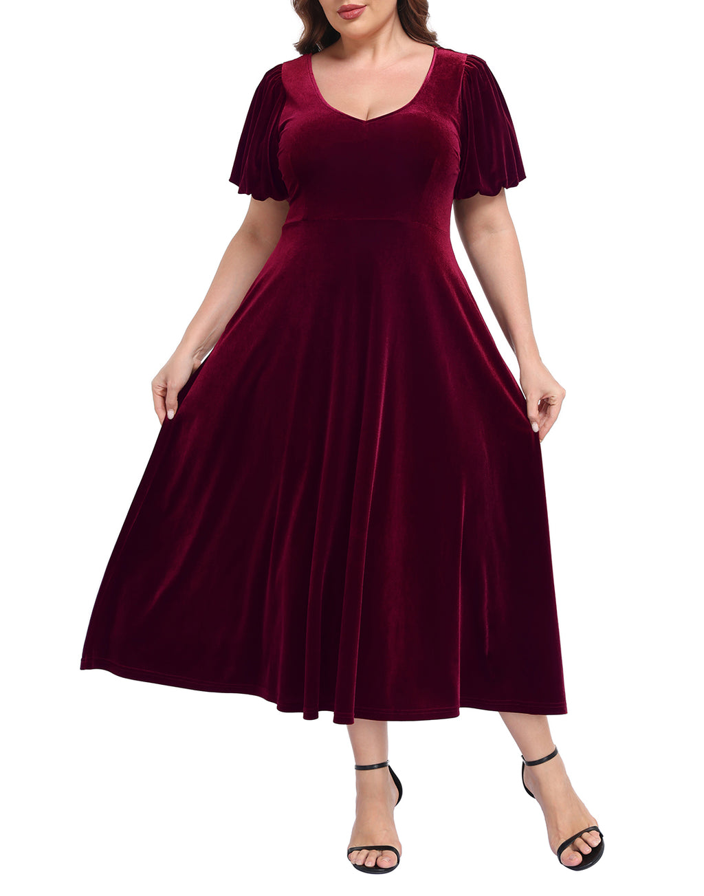 Women's Plus Size Velvet Midi Dress with Pockets - Burgundy - PT11