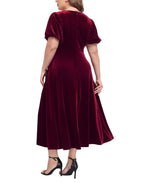Women's Plus Size Velvet Midi Dress with Pockets - Burgundy - PT10