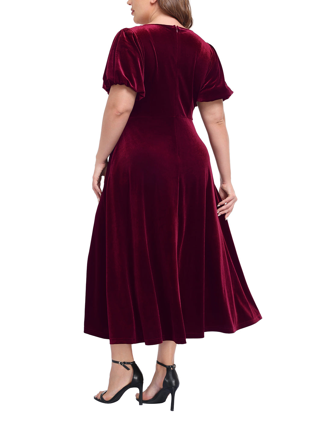 Women's Plus Size Velvet Midi Dress with Pockets - Burgundy - PT10