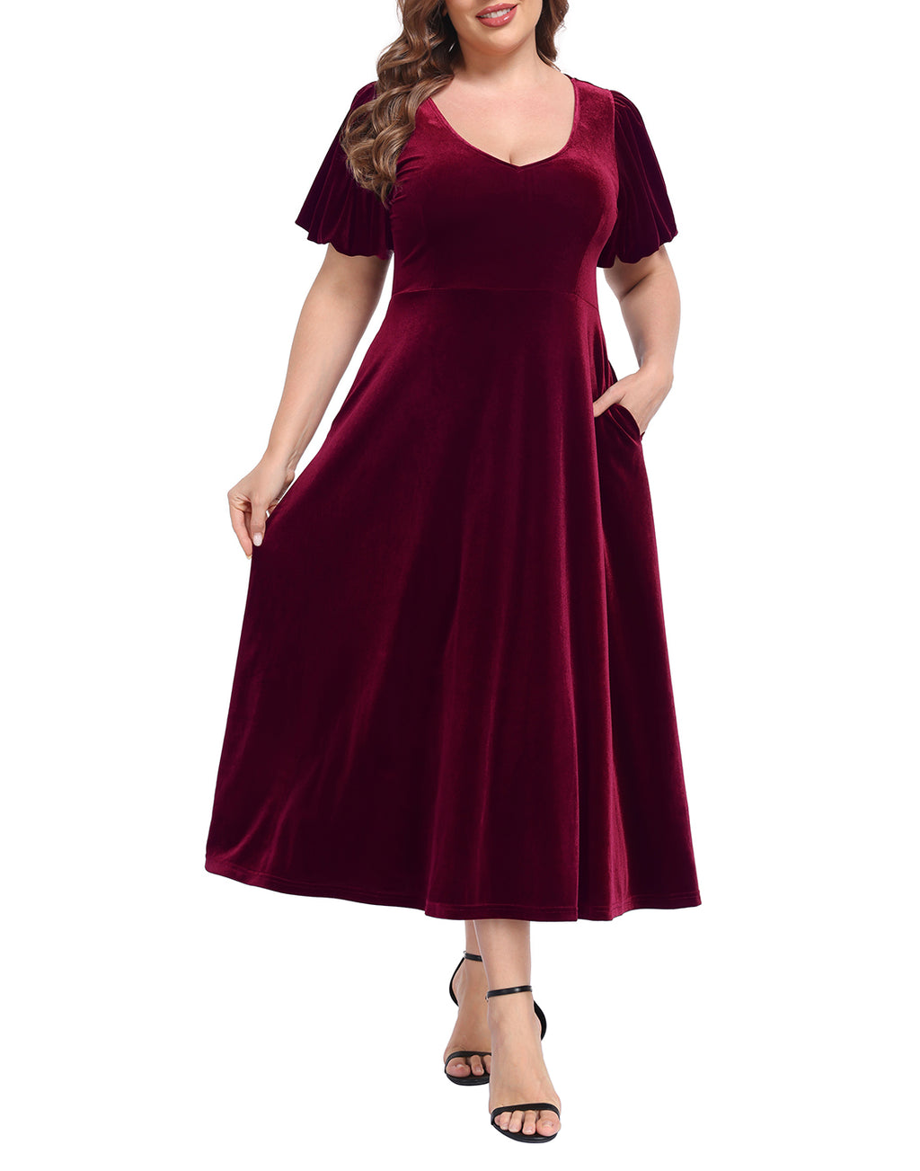 Women's Plus Size Velvet Midi Dress with Pockets - Burgundy - MAIN