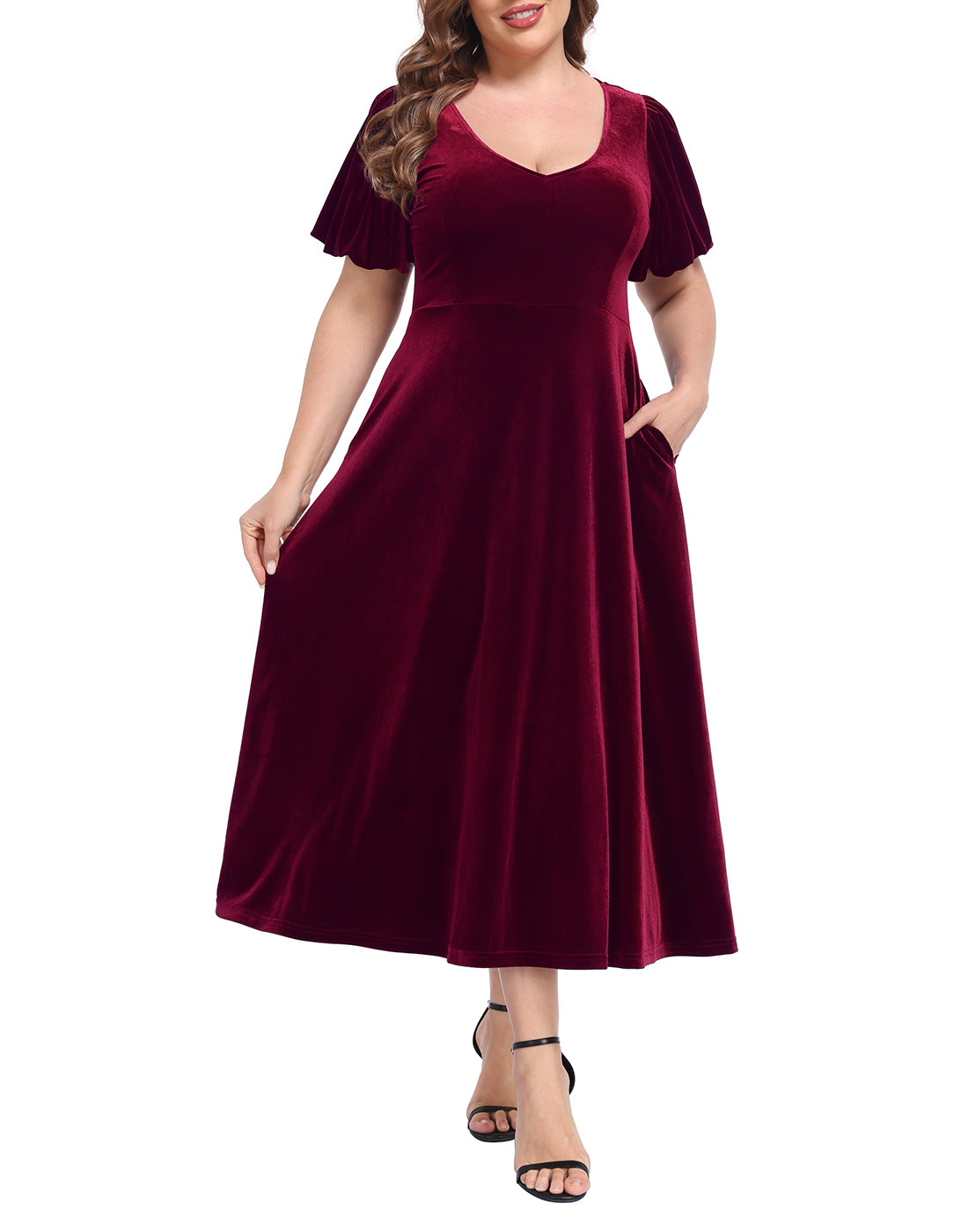 Women's Plus Size Velvet Midi Dress with Pockets - Burgundy - MAIN
