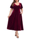 Women's Plus Size Velvet Midi Dress with Pockets - Burgundy - MAIN