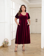 Women's Plus Size Velvet Midi Dress with Pockets - Burgundy - PT08