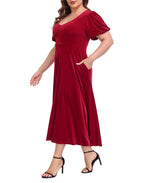 Women's Plus Size Velvet Midi Dress with Pockets - Red - PT15