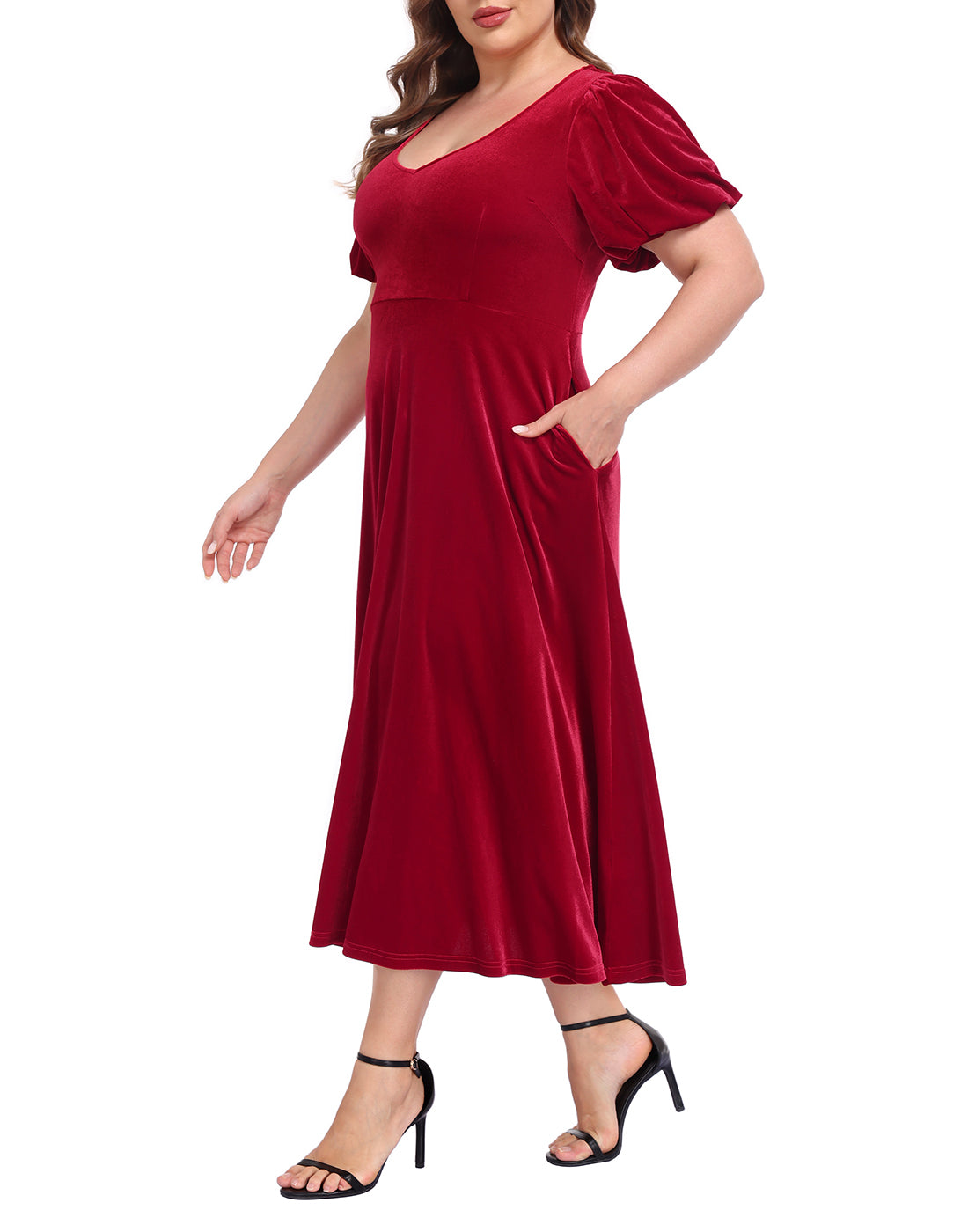 Women's Plus Size Velvet Midi Dress with Pockets - Red - PT15