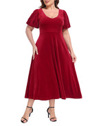 Women's Plus Size Velvet Midi Dress with Pockets - Red - PT17
