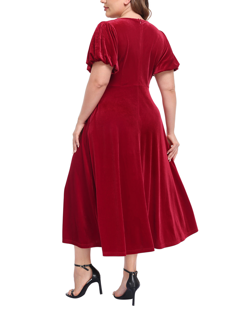 Women's Plus Size Velvet Midi Dress with Pockets - Red - PT16