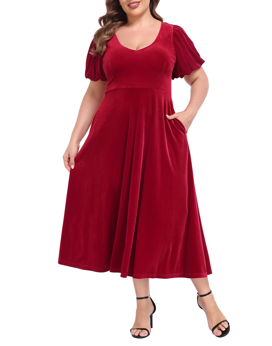 Women's Plus Size Velvet Midi Dress with Pockets - Red - MAIN