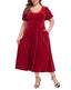 Women's Plus Size Velvet Midi Dress with Pockets - Red - MAIN