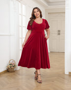 Women's Plus Size Velvet Midi Dress with Pockets - Red - PT14