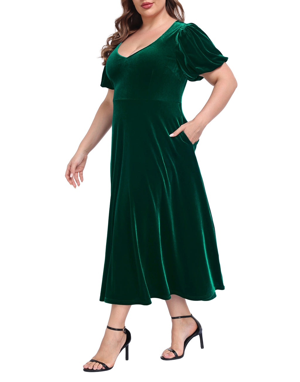Women's Plus Size Velvet Midi Dress with Pockets - Dark Emerald Green - PT21