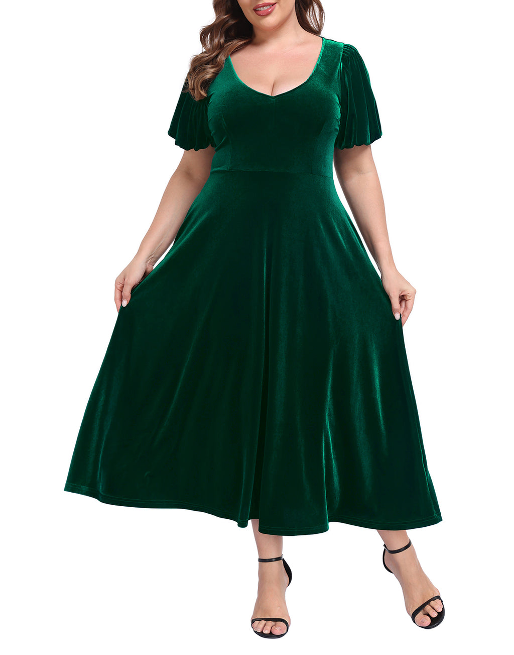 Women's Plus Size Velvet Midi Dress with Pockets - Dark Emerald Green - PT23