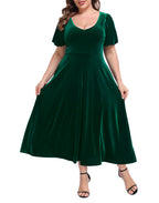 Women's Plus Size Velvet Midi Dress with Pockets - Dark Emerald Green - PT23