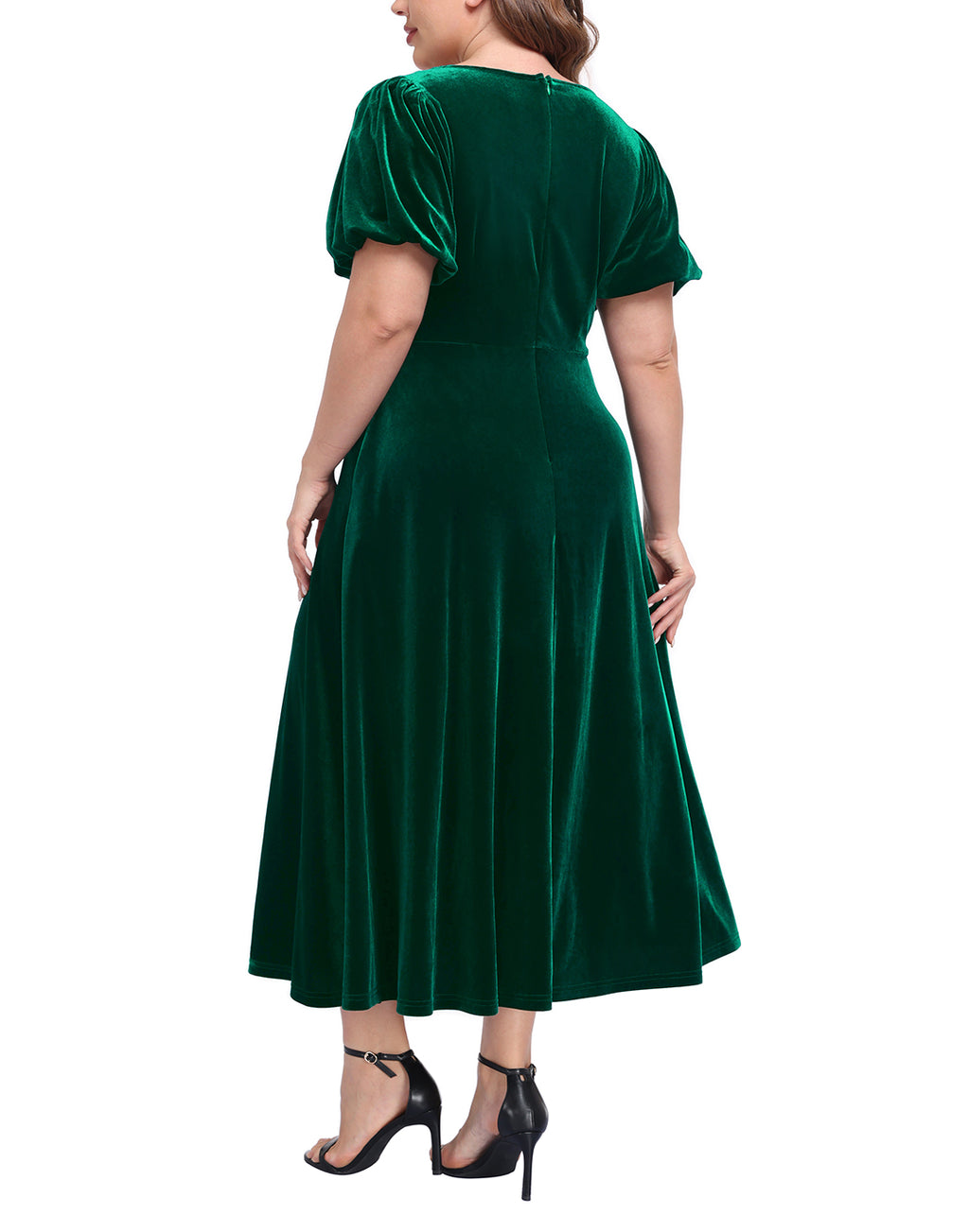Women's Plus Size Velvet Midi Dress with Pockets - Dark Emerald Green - PT22