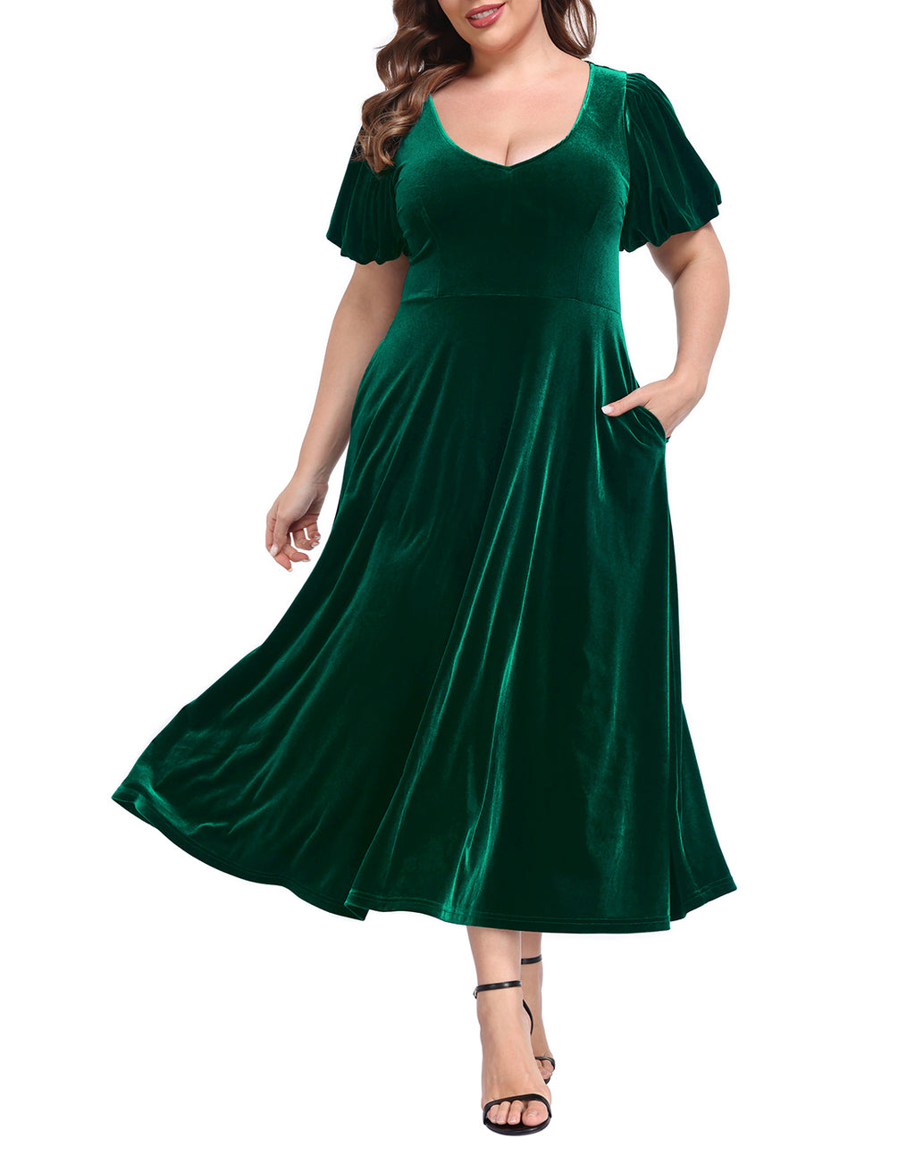 Women's Plus Size Velvet Midi Dress with Pockets - Dark Emerald Green - MAIN