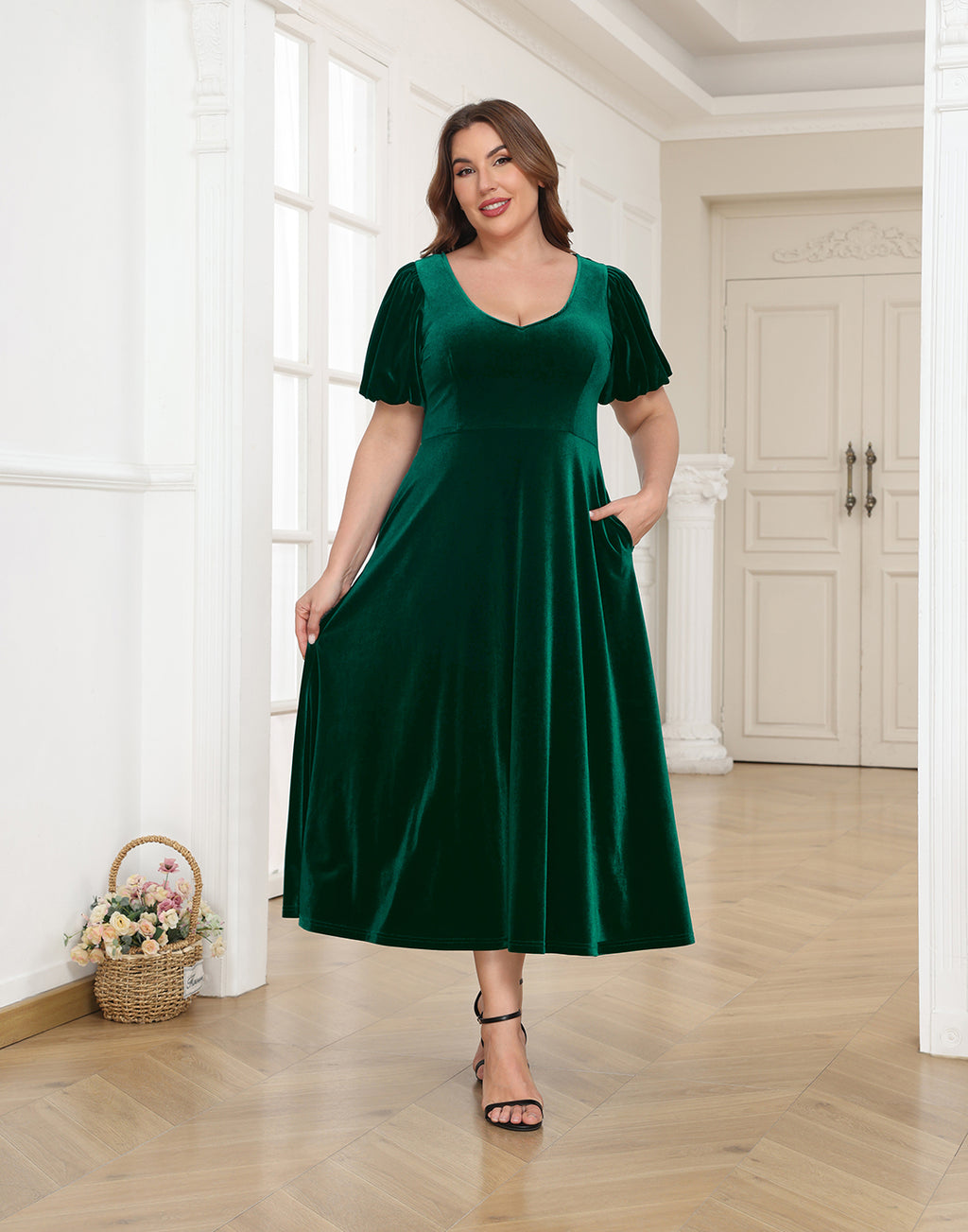 Women's Plus Size Velvet Midi Dress with Pockets - Dark Emerald Green - PT20