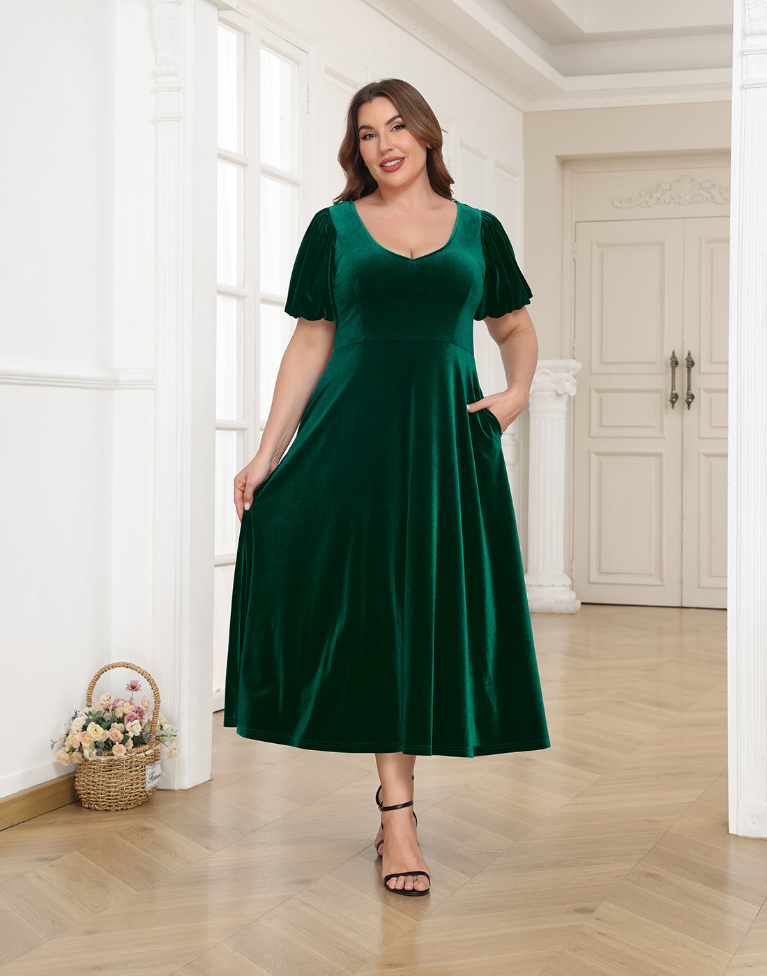 Women's Plus Size Velvet Midi Dress with Pockets - Dark Emerald Green - PT20