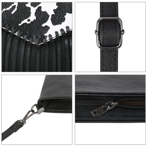 Black PU Leather Hobo Fringe Crossbody Tassel Purse Small Handbag