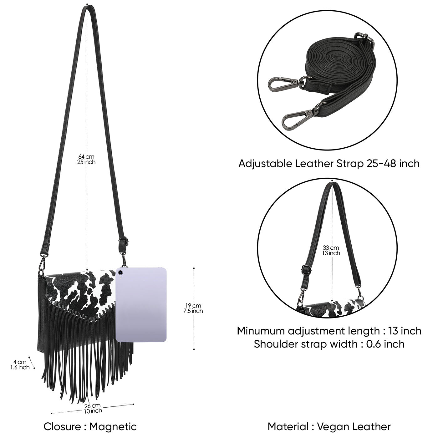 Black PU Leather Hobo Fringe Crossbody Tassel Purse Small Handbag