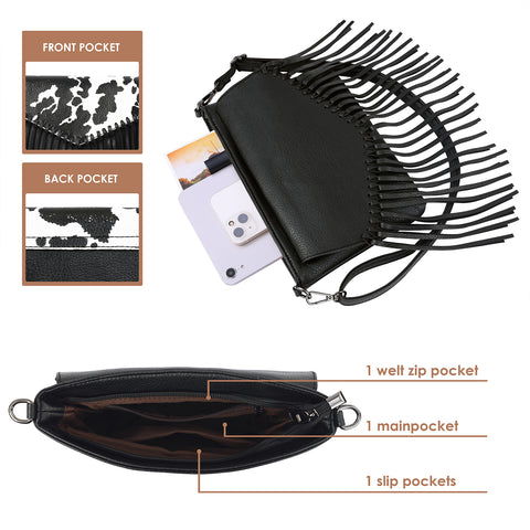 Black PU Leather Hobo Fringe Crossbody Tassel Purse Small Handbag