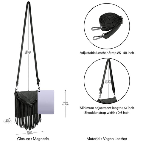 Black PU Leather Hobo Fringe Crossbody Tassel Purse Small Handbag