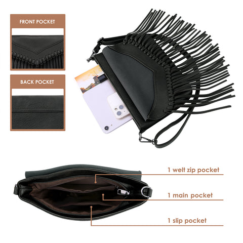 Black PU Leather Hobo Fringe Crossbody Tassel Purse Small Handbag
