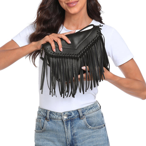 Black PU Leather Hobo Fringe Crossbody Tassel Purse Small Handbag
