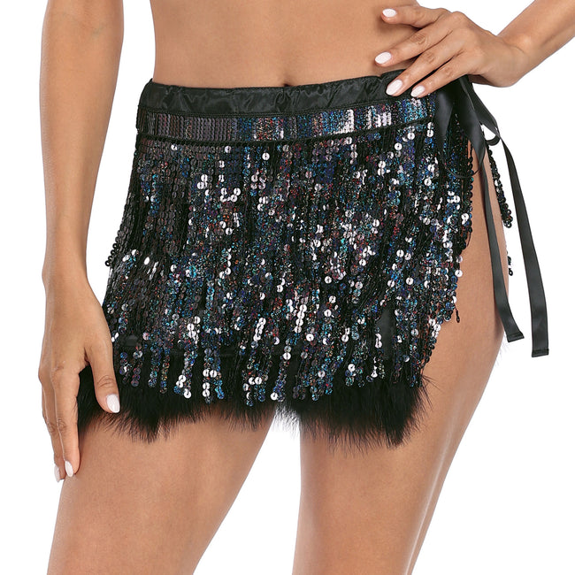 Sequin Tassel Fringe Skirt with Fur Trim in Black