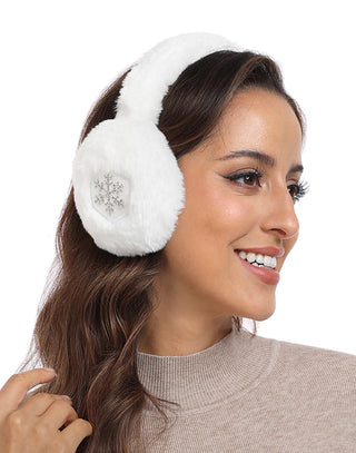 Faux Fur Earmuffs with Rhinestone Charms in White Snowflake Charm