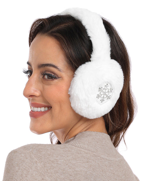 Fuzzy Foldable Faux Fur Earmuffs with Rhinestone Charms