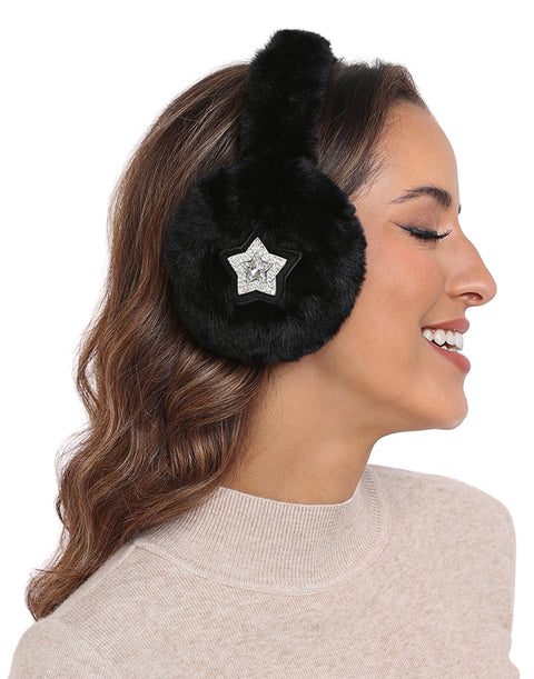 Fuzzy Foldable Faux Fur Earmuffs with Rhinestone Charms