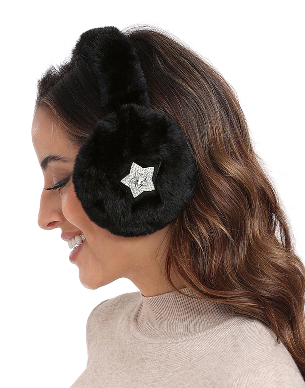 Fuzzy Foldable Faux Fur Earmuffs with Rhinestone Charms