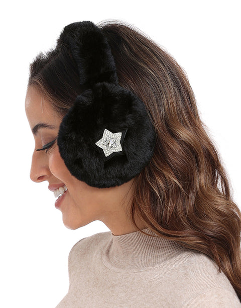 Fuzzy Foldable Faux Fur Earmuffs with Rhinestone Charms