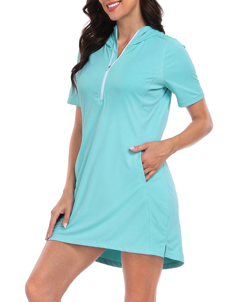 Women's Short Sleeve UPF 50 Beach Coverup Dress with Hood