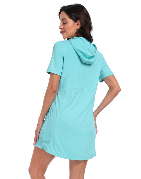 Women's Short Sleeve UPF 50 Beach Coverup Dress with Hood