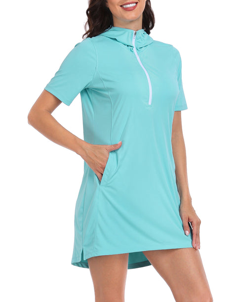 Women's Short Sleeve UPF 50 Beach Coverup Dress with Hood