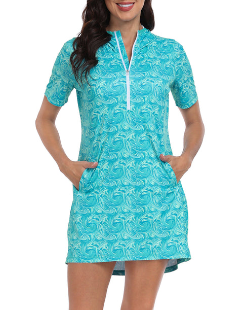 Women's Short Sleeve UPF 50 Beach Coverup Dress with Hood