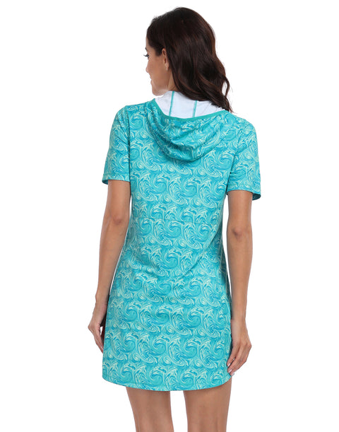 Women's Short Sleeve UPF 50 Beach Coverup Dress with Hood