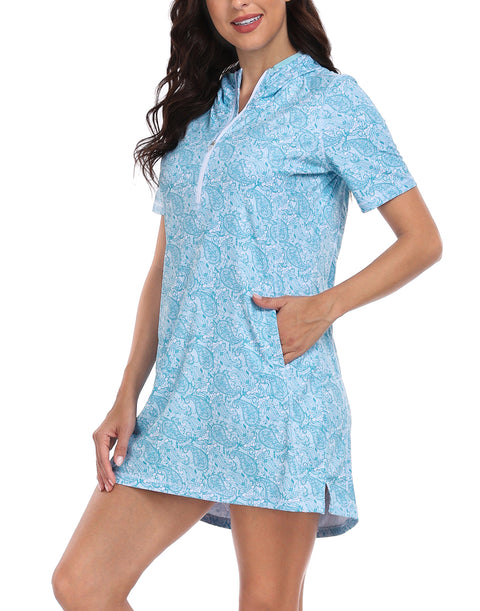 Women's Short Sleeve UPF 50 Beach Coverup Dress with Hood