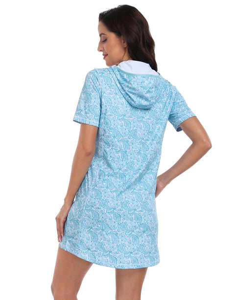 Women's Short Sleeve UPF 50 Beach Coverup Dress with Hood